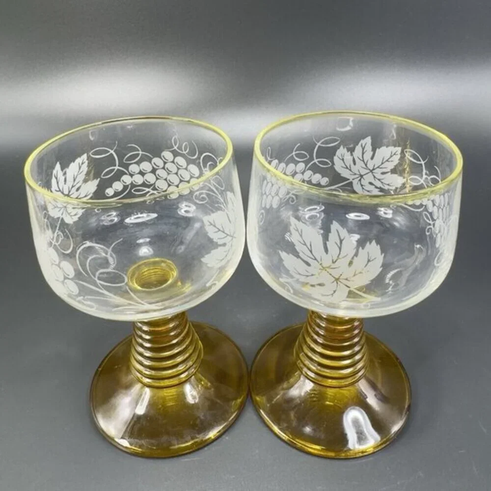 Roemer Cups Glasses Goblet Amber Beehive Stem Etched Clear Made in Germany Set 2